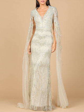 V-Neck Gown with Long Cape Sleeves and Feathers - By Baano