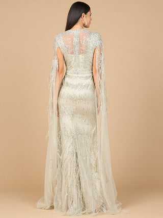 V-Neck Gown with Long Cape Sleeves and Feathers - By Baano