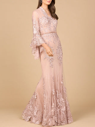 Lace, V Neck, Long Bell Sleeve Gown