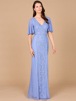 V-Neck, Cape Sleeve Beaded Gown - By Baano
