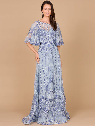 Embroidered, Cape Sleeve A-line Gown - By Baano