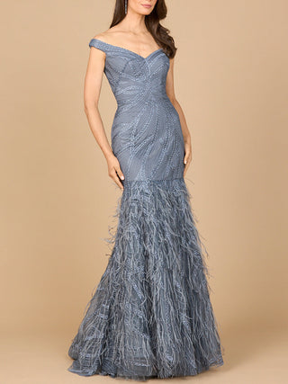 Off Shoulder Mermaid Beaded Gown with Feathers - By Baano