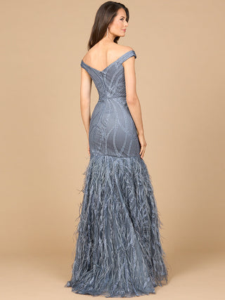 Off Shoulder Mermaid Beaded Gown with Feathers - By Baano