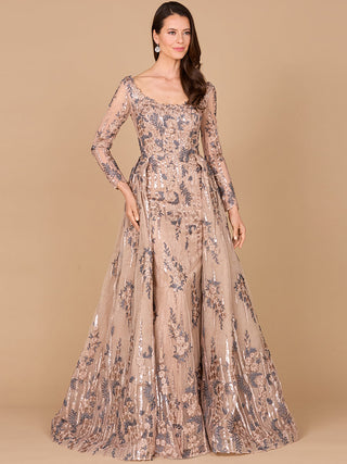 Long Sleeve Lace Gown with Overskirt - By Baano