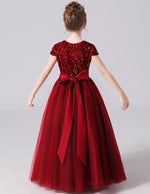 Burgundy short sleeve velvet long tulle flower girl dress