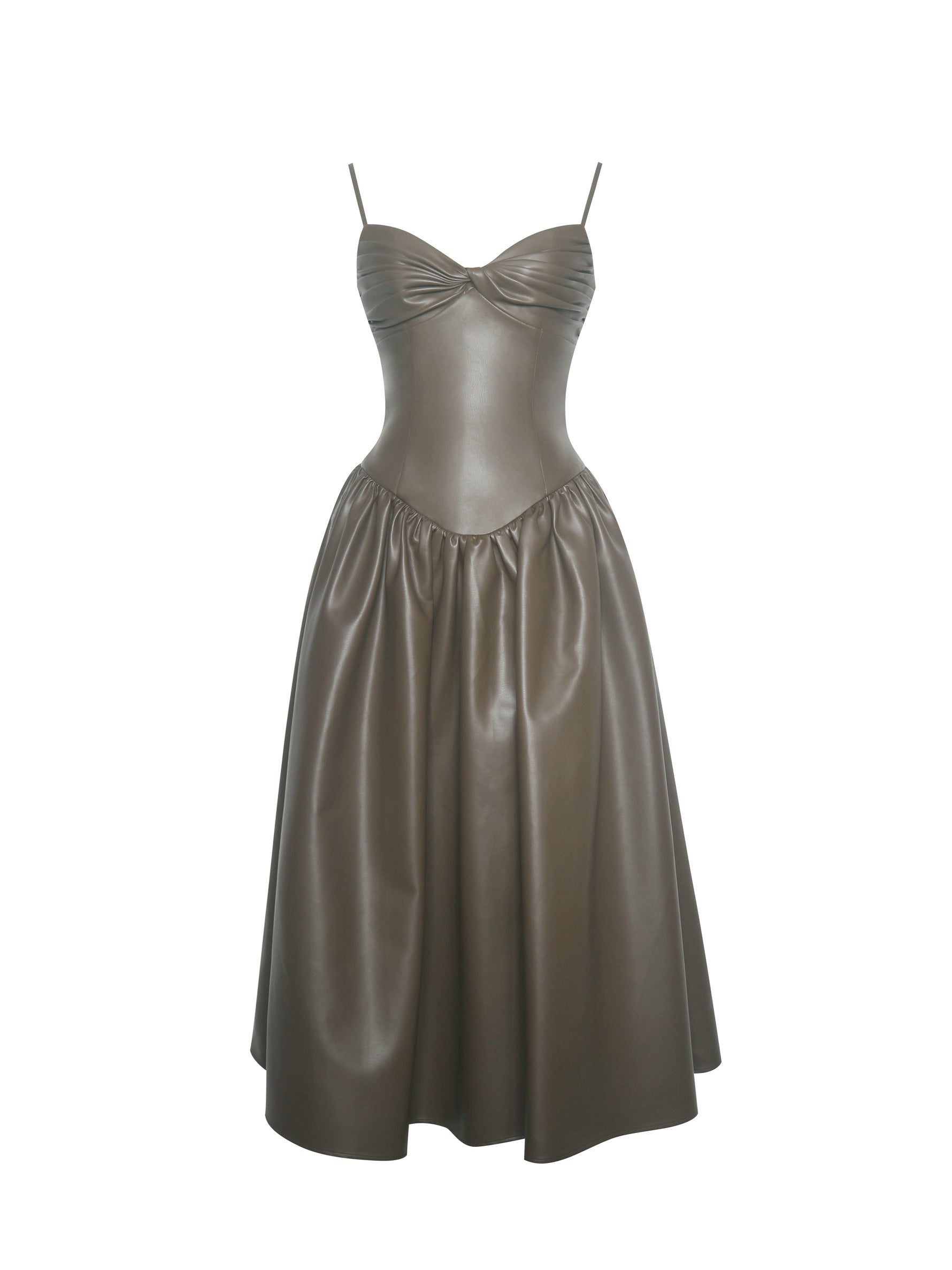 Parisia Cocoa Vegan Leather Drop Waist Midi Dress