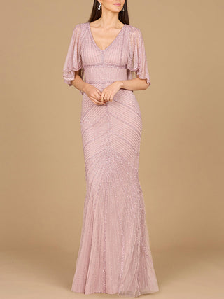 Cape Sleeve Beaded Gown - By Baano