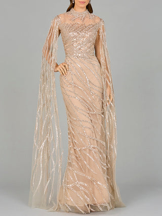High Neck Gown with Long Cape Sleeves - By Baano