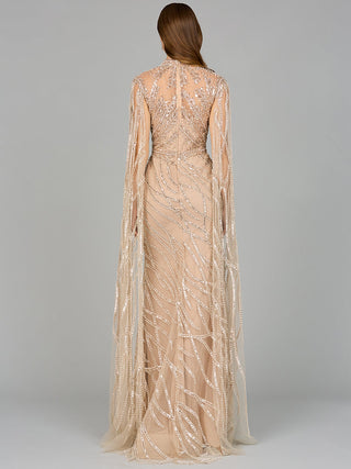 High Neck Gown with Long Cape Sleeves - By Baano
