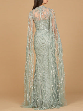 High Neck Gown with Long Cape Sleeves - By Baano