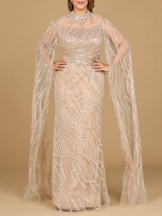 High Neck Gown with Long Cape Sleeves - By Baano