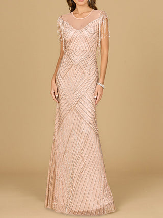 Beaded Fringe Illusion Dress with Cap Sleeves