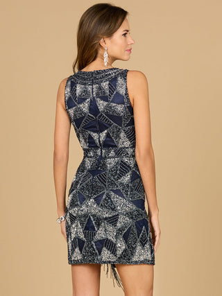 V-Neck Beaded Mini Dress with Closed Back and Fringes - By Baano