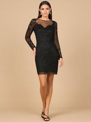 Long Sleeve Cocktail Dress with Illusion Neckline