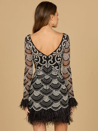 Beaded Short Dress with Feathers and Sleeves - By Baano