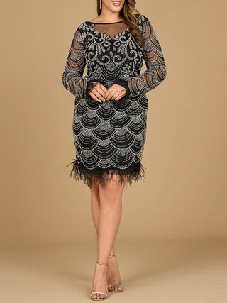 Beaded Short Dress with Feathers and Sleeves - By Baano