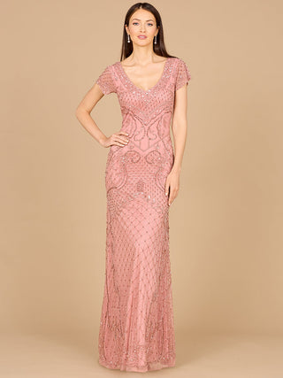 Beaded Cap Sleeve Gown With V-Neckline - OUTLET - By Baano