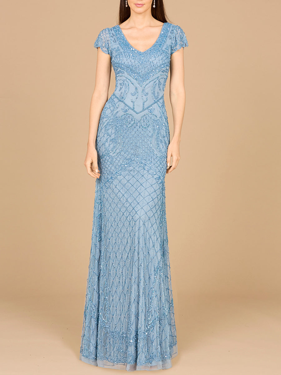 Beaded Cap Sleeve Gown With V-Neckline - OUTLET - By Baano