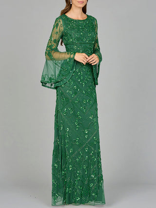 Bell Sleeved High Neck Beaded Gown - By Baano