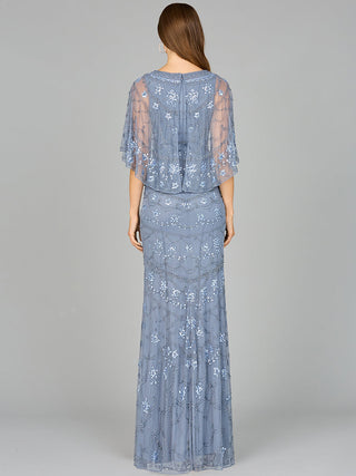 High Neck, Cape Sleeve Beaded Gown  - OUTLET