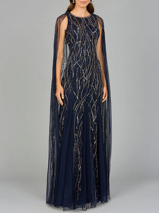 Elegant Beaded Dress with Long Cape - By Baano