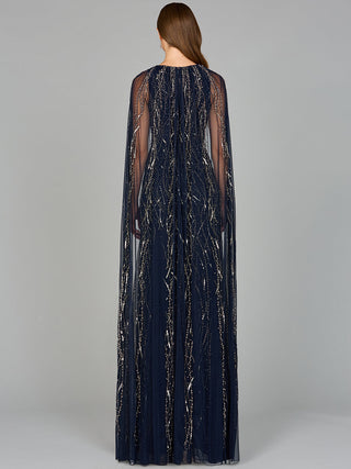 Elegant Beaded Dress with Long Cape - By Baano