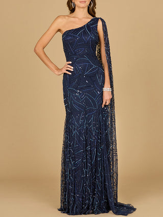 One Shoulder Cape Gown - By Baano