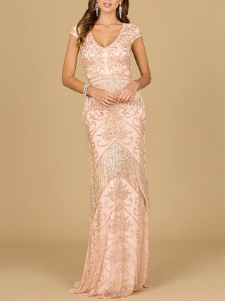 Cap Sleeve Beaded Gown with Fringe - By Baano