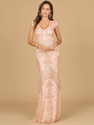 Cap Sleeve Beaded Gown with Fringe - By Baano