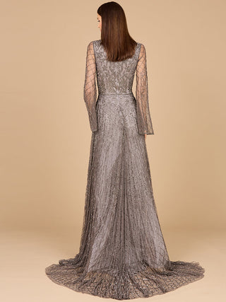 Beaded Long Dress with Flare Sleeves