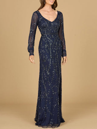 V-Neck Beaded Gown with Sleeves - By Baano