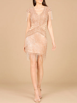 Beaded Fringe Short Dress with Cap Sleeves