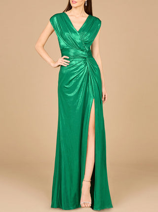 V-Neck Metallic Dress with Slit - OUTLET - By Baano