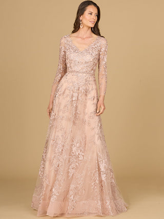 Long Sleeve V-Neck Lace Gown - By Baano