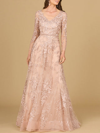 Long Sleeve V-Neck Lace Gown - By Baano