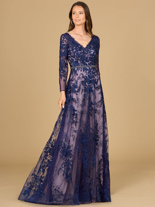 Long Sleeve V-Neck Lace Gown - By Baano