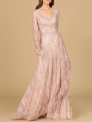 Long Sleeve V-Neck Lace Gown with Feathers - By Baano