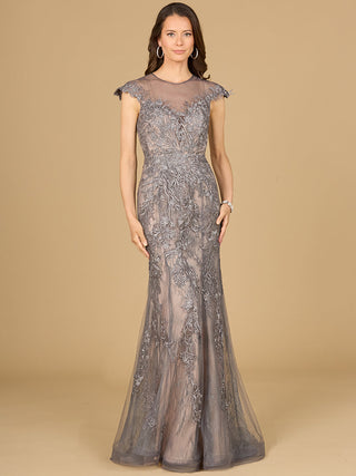 Sheath Lace Gown with Cap Sleeves - By Baano