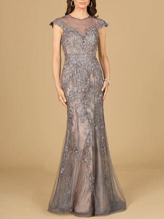 Sheath Lace Gown with Cap Sleeves - By Baano
