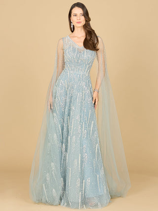 Lace Gown with Cape Sleeves and V-neckline - By Baano