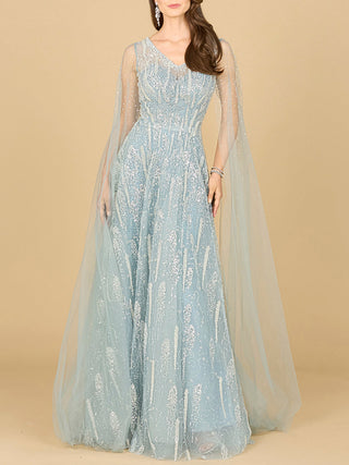 Lace Gown with Cape Sleeves and V-neckline - By Baano