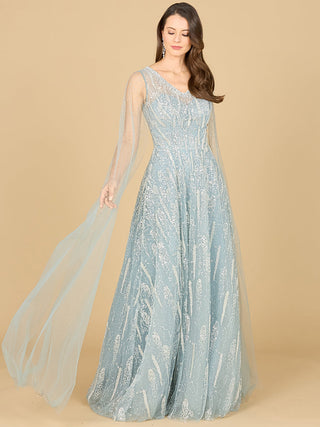 Lace Gown with Cape Sleeves and V-neckline - By Baano