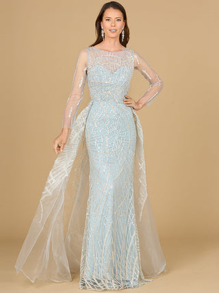 Long Sleeve Lace Gown with Tulle Overskirt - By Baano