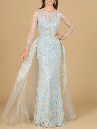 Long Sleeve Lace Gown with Tulle Overskirt - By Baano
