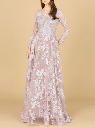 Long Sleeve, Illusion Neck Gown - By Baano