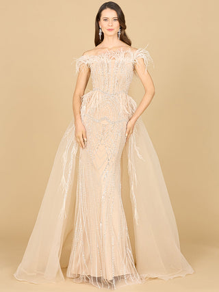 Off Shoulder Gown with Feathers - By Baano