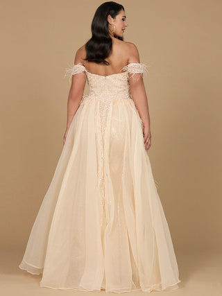 Off Shoulder Gown with Feathers - By Baano