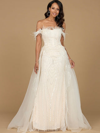 Off Shoulder Gown with Feathers - By Baano