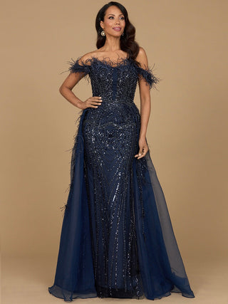 Off Shoulder Gown with Feathers - By Baano