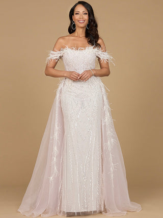 Off Shoulder Gown with Feathers - By Baano
